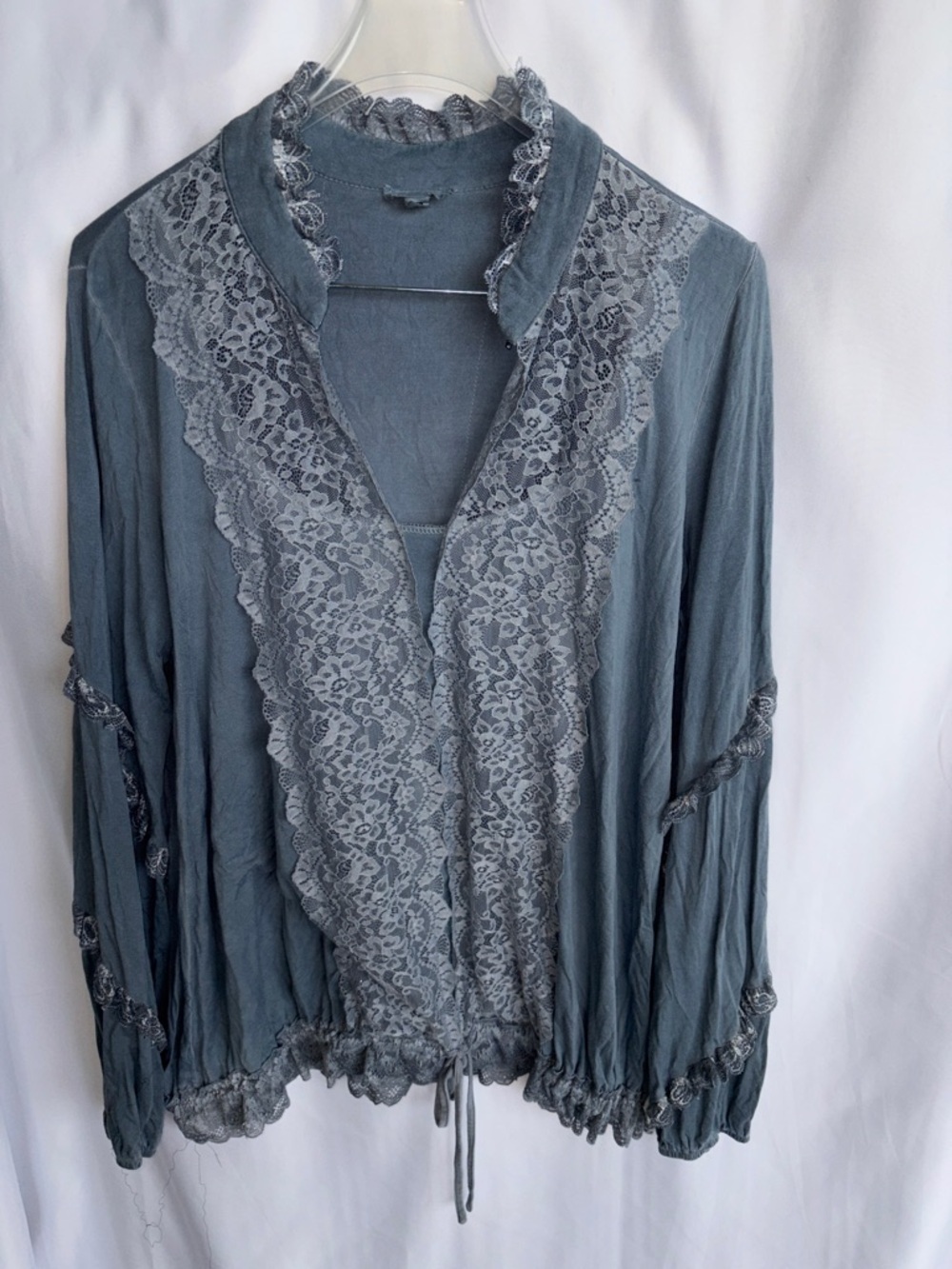 POL Slate Grey Blue long Sleeve Oversized Tunic Top Sz M, lace, elastic, 22”PTP